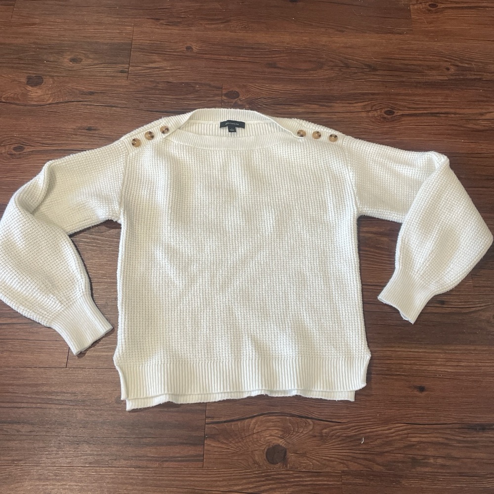 Ann Taylor Cream Crewneck Sweater with Shoulder Buttons